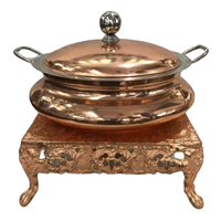 Plat à réchaud vintage en métal argenté avec support décoratif pour buffets