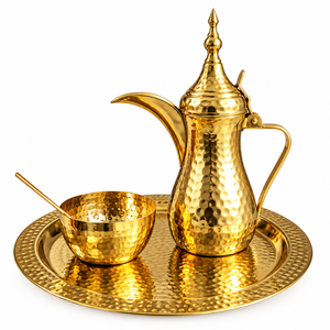 Middle Eastern Style Metal Coffee Pot <b>Set</b> With Gold Finish And Hammered Design For <b>Tea</b> Drinking - Product Image 1