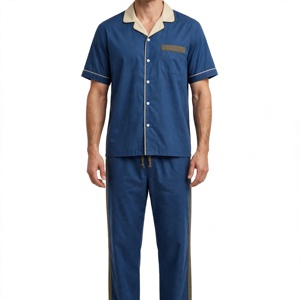 Ensemble pyjama color block pour hommes, manches courtes, col rabattu, vêtements de nuit avec pantalon long à cordon de serrage - Product Image 1