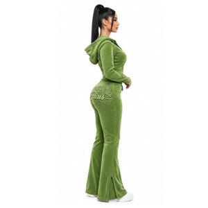 Women's Green Hooded Tracksuit Set Full Sleeve Zipper Front Embroidered Logo Split Hem Casual Sweatshirt And Pants Outfit - Product Image 4