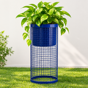 <b>Tall</b> Navy Blue Metal Wire Mesh Planter with Decorative Cylindrical Stand for Indoor Outdoor <b>Plants</b> Garden Patio Balcony Terrace - Product Image 3