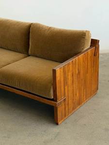 Midcentury Modern Two Seat Wood Sofa With Brown Cushions Outdoor Garden Furniture - Product Image 3