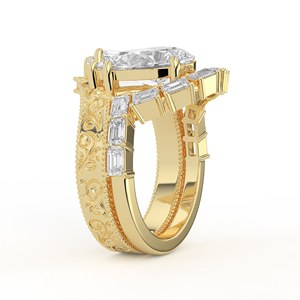 แหวนแต่งงานทองคำขาว 14K 18K ประดับเพชรแล็บโกรว์ทรงหยดน้ำและทรงมรกต ดีไซน์วินเทจลายดอกไม้สลักลายโค้ง - Product Image 3