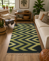 Handgewebter Baumwollteppich Grün Marineblau Zickzack Geometrisches Muster Handgewebter Flachgewebe-Teppich Boho Wohndekor