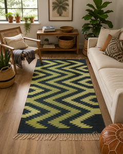 Handloom Cotton <b>Rug</b> Green Navy Blue Zigzag Geometric Pattern Handwoven Flat Weave Area Carpet <b>Boho</b> Home Decor - Product Image 3
