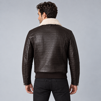Veste en cuir véritable marron foncé pour homme, motif croco gaufré, col en sherpa, multi-poches, fermeture éclair intégrale, mode hiver, style motard