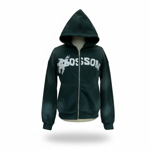 Sweat-shirt à capuche zippé vert foncé unisexe, coupe classique, avec lettres brodées et logo imprimé, en molleton, décontracté pour homme - Product Image 1