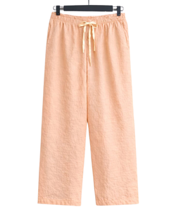 Conjunto de pijama de lino y algodón para mujer Peach, camisa con botones y bolsillo bordado y pantalones con cordón, conjunto de ropa de dormir informal para estar en casa - Product Image 6