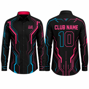 Chemise habillée sportive noire à manches longues pour homme, col rabattu, motif géométrique imprimé par sublimation, séchage rapide, en popeline de polyester - Product Image 1