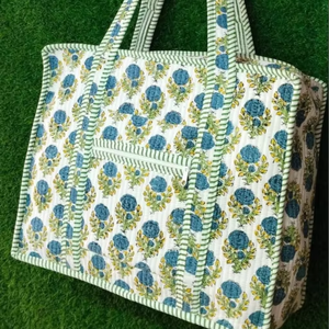 Hand Block Print Cotton Quilted Tote <b>Bag</b>, <b>Boho</b> Floral Beach Shoulder <b>Bag</b> Cotton Tote <b>Bag</b> Zipper Closure Quality Beach <b>Bag</b> - Product Image 1