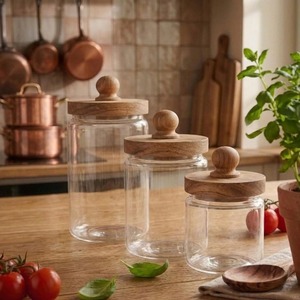 Set Of 3 Glass Containers With Wooden Lid Airtight Kitchen Storage <b>Jars</b> For Tea Coffee Sugar Stylish Counter Organizer - Product Image 1
