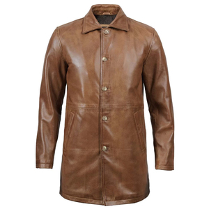 Abrigo de Cuero Genuino Marrón para Hombre, Cuello Camisero, Cierre de un Solo Botón, Largo hasta la Rodilla, Manga Regular - Product Image 6