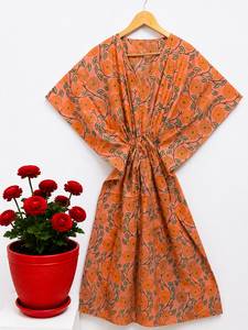 Premium Floral Printed Cotton Maxi <b>Kaftan</b> for Women V-Neck Batwing Sleeves Eco-Friendly Handmade <b>Beach</b> & Vacation Wear - Product Image 1