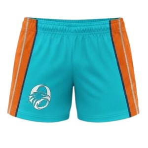 Shorts de netball unisexe turquoise et orange sublimés, en polyester, coupe athlétique, vêtements de sport avec panneau latéral rayé, tenue de match d'équipe - Product Image 1