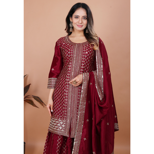Ensemble haut, palazzo et dupatta en soie Chinon brodée de sequins, tenue ethnique de fête pour femmes, ensemble trois pièces. - Product Image 5