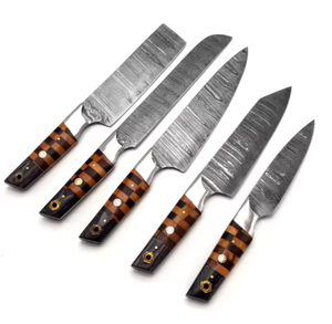 Ensemble de couteaux de Damas les plus vendus, 5 pièces, manche en bois, couteaux de chef de cuisine forgés à la main avec sac en cuir - Usage professionnel - Product Image 1