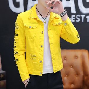 Veste en jean jaune pour homme, coupe ajustée décontractée, col rabattu, boutons, motifs à patchs, impression de lettres, logo frontal, respirante, finition soignée - Product Image 4