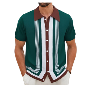 Chemises tricotées décontractées à col rayé anti-rides pour hommes, manches courtes, style professionnel, vente en gros pour l'été - Product Image 1