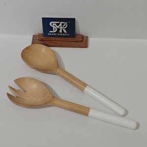 Premium Handmade Eco-Friendly Wooden Salad <b>Serving</b> Set with White Resin Handles Beech Wood Salad <b>Spoon</b> and Fork for Party Use - Product Image 3
