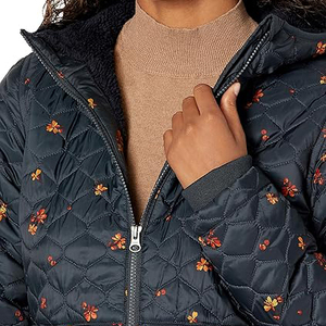 Quilted Hooded <b>Jacket</b> Women Floral Print Polyester Wadding Full Sleeve Autumn Wear Zipper Closure Regular Fit - Product Image 3