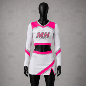 Uniforme de Animadoras Personalizado de Manga Larga en Poliéster, Vestido de Animadoras para Niñas, Impresión por Transferencia de Calor, Blanco, Rosa, Plateado, con Pedrería, para Equipo - Product Image 1