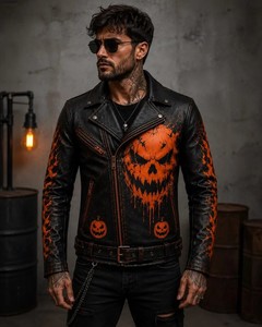 Men's PU <b>Leather</b> Slim Motorcycle <b>Jacket</b> Halloween Pumpkin Skull Print Front <b>Long</b> Sleeve Dripping Printed Polyester Wadding - Product Image 3