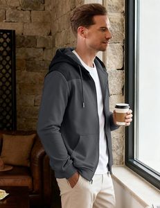 Sudadera con capucha para hombre con cremallera, informal, con cordón ajustable, con bolsillos, para hacer ejercicio, senderismo. - Product Image 2