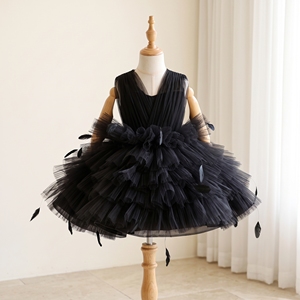 Robe de bal princesse noire unie, longueur genou, en tulle superposé bouffant, style couture, pour anniversaire, spectacle ou fête, pour filles - Product Image 1