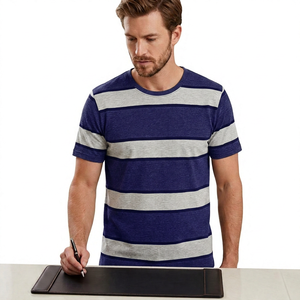 Camiseta de punto de manga corta con cuello redondo a rayas para hombre, corte regular, estilo casual, gris y azul marino, OEM - Product Image 3