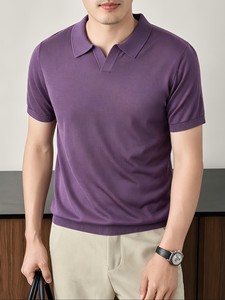Camiseta de punto morada para hombre con logo frontal, estilo casual elegante, manga corta, color liso, de secado rápido, transpirable, servicio OEM, top de verano - Product Image 2