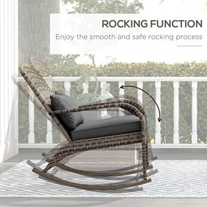 Sedia a dondolo Adirondack in vimini con schienale alto, cuscino e cuscino decorativo per esterni, portico, balcone, grigia - Product Image 4