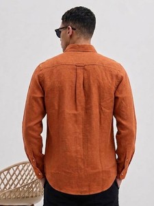 Camisa Casual de Lino/Algodón Marrón para Hombre, Marca Enovate, Cuello Clásico, Manga Larga, Doble Botonadura, Color Sólido, Transpirable, para Verano - Product Image 2