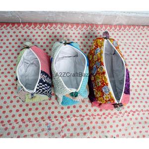 100% Pure Cotton Kantha Fabric Tassel Pattern Zipper Closure Eco-Friendly Durable Large Cosmetic Organizer Makeup Bag Pouch Set - Product Image 5