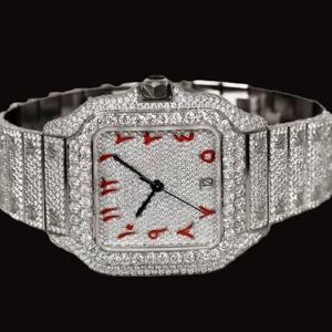 Reloj de Lujo de Alta Gama con Diamantes Moissanite, Reloj Hip Hop Personalizado de Acero Inoxidable con Números Arábigos Rojos - Product Image 1