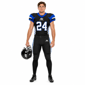 Ensemble d'uniformes de football américain personnalisés noir, bleu roi et blanc – Maillot rembourré en mesh et pantalon intégré – Tenue d'équipe à marque privée - Product Image 4