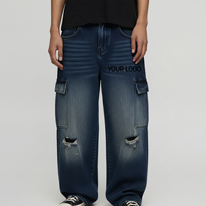 High Quality Winter Breathable Casual <b>Men's</b> Straight Baggy <b>Jeans</b> 100% Cotton Denim Knitted Lightweight Dark Wash Customized - Product Image 4