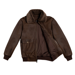 Mens Brown Genuine Leather Bomber Jacket Faux Shearling Collar Dual Flap Pockets <b>Zip</b> Front Ribbed Cuffs Premium Winter Outerwear - Product Image 4