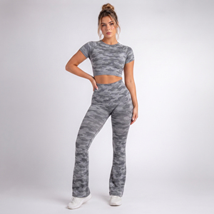 <b>Women</b> Camo Printed Short Sleeve Flare Yoga Set Gym Fitness <b>Crop</b> Top Polyester Flare <b>Leggings</b> Ladies Crew Neck Long Gym Set - Product Image 1