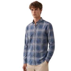 Chemise en flanelle à carreaux bleu denim pour homme, manches longues, boutonnée, chemise décontractée à carreaux, tissu brossé doux, streetwear quotidien - Product Image 1