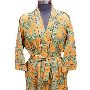 Bata Larga Estampada Floral para Mujer, Cuello en V, Manga Tres Cuartos, 100% Algodón Suave, Estilo Casual de Verano, Cierre con Cinturón, Transpirable - Product Image 3