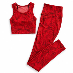 Ensemble de yoga floral rouge pour femme, legging taille haute, crop top, ensemble 2 pièces sans couture, soutien-gorge de sport, tenue de sport extensible pleine longueur - Product Image 1