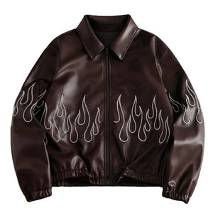 Veste en cuir pour homme, broderie flamme, fermeture éclair, style bomber, streetwear, vêtement d'extérieur tendance - Product Image 1