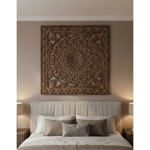 Panneau mural artisanal en bois de Sheesham brun, motif mandala architectural traditionnel, 120x60x8 cm, vente en gros Inde Aqudus Saleem - Product Image 1