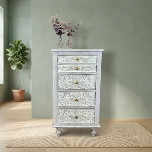 Solid Mango Wood 5 Drawer Whitewash Carved <b>Bedside</b> Table Rustic Storage Nightstand Vintage Bedroom Furniture - Product Image 4