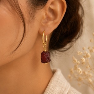 Gold Plated Raw <b>Garnet</b> Hoop <b>Earring</b> - Natural Birthstone Drop <b>Earring</b> For Women, Crystal Healing Jewelry Gift For Her - Product Image 1