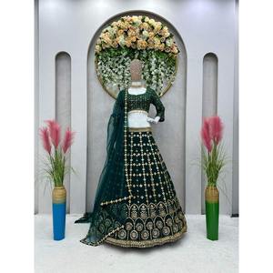 MARIAGE GEORGETTE SEQUENCE TRAVAIL LEHENGA CHOLI AVEC DUPATTA VERT - Product Image 1