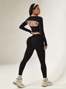 <b>Black</b> Long Sleeve Cut Out Seamless Yoga Set High Waist <b>Leggings</b> Contrast Binding 2 Piece Workout Activewear - Product Image 2