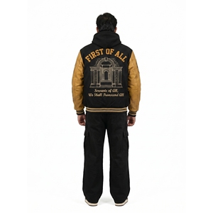 Veste universitaire de style streetwear haut de gamme pour homme, en laine méltone épaisse, avec logo brodé sur le devant en cuir véritable, personnalisable OEM. - Product Image 2