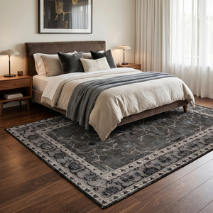 Alfombra Anudada a Mano Negra y Gris Noir Heritage, Alfombra Tradicional con Medallón Desgastado para Sala de Estar, Dormitorio y Hotel - Product Image 4