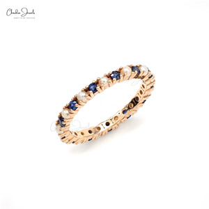 แหวนเพชรพลอยไพลินสีน้ำเงินธรรมชาติ 1.4 กะรัต พร้อมไข่มุกแบบ Eternity Band ตัวเรือนทองคำกุหลาบ 14k แหวนแต่งงานแบบซ้อนได้ ขนาด US -7 ราคาสุดคุ้ม - Product Image 5